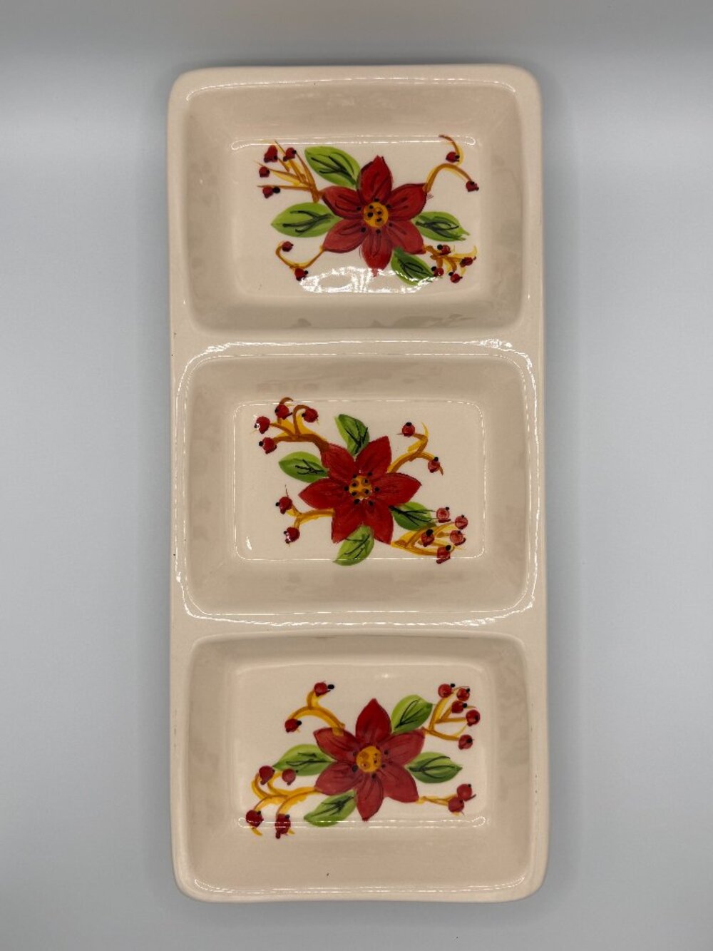 Ceramic Holiday Poinsettia Divided Serving Dish